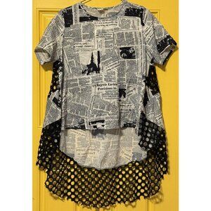 WoWo News Paper Print High-Low Black & White Blouse Top, XL Artsy‎ Fun Newspaper